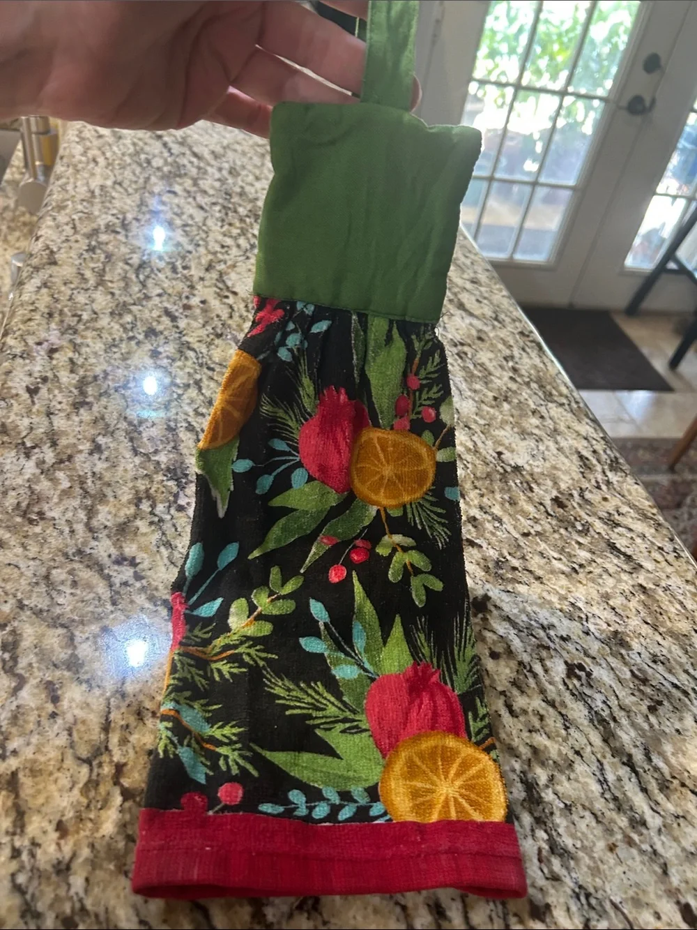 Holiday Floral Hanging Kitchen Towel in Black and Green